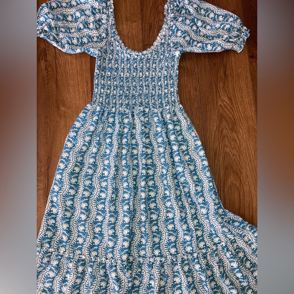 Hill House Blue and White Smocked Puff-Sleeve Midi Dress - Picture 2 of 3
